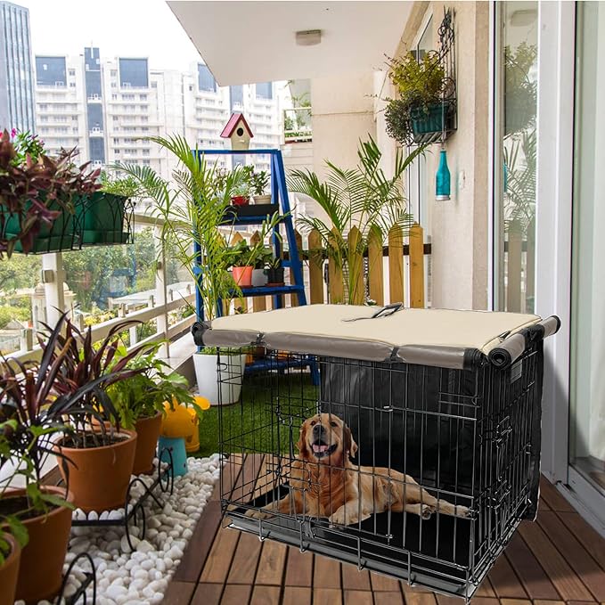 36 Inch Dog Crate Cover, Pet Kennel Cover for Wire Large Dog Cage with1 2 3 Doors, Durable Waterproof 600D Oxford Fabric Indoor/Outdoor Khaki
