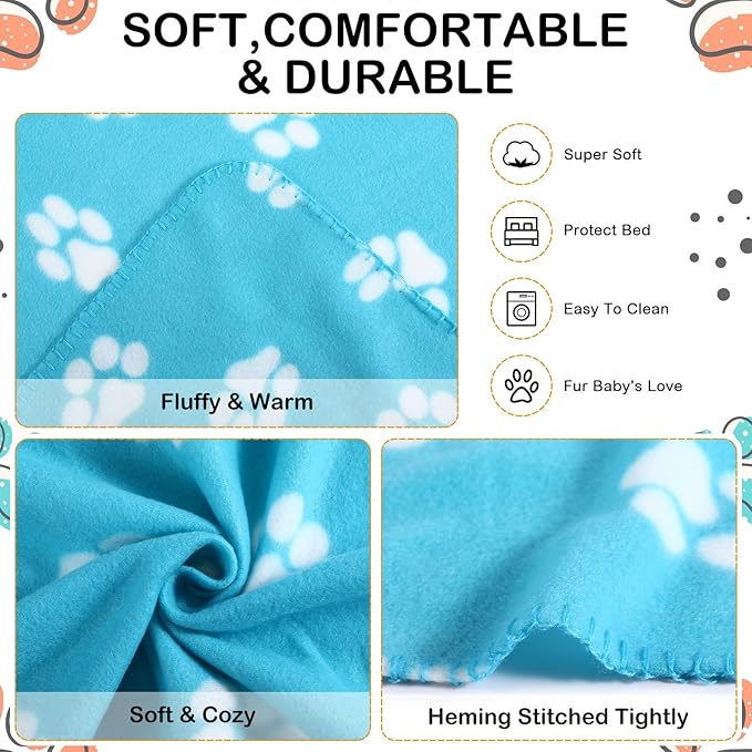 Tegeme 12 Pieces Fleece Blankets for Pets Dog Puppy Paw Print Cat Bedding Cover Blanket for Small Animals Pig Cage Liner Sleep Mat Pad Kitten Soft Warm(Cute Style,16 x 24 Inches)