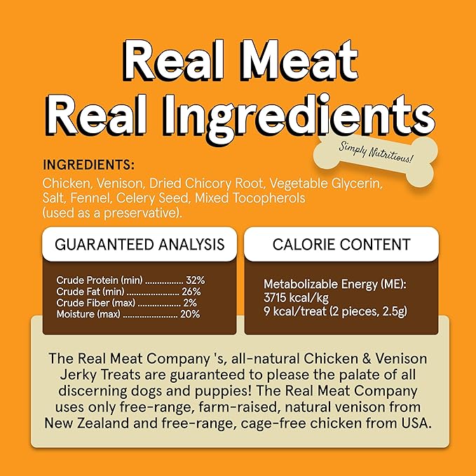Real Meat Dog Treats - 12oz Bag of Bite-Sized Air-Dried Venison & Chicken Jerky for Dogs - Grain-Free Jerky Dog Treats Made up of 95% Human-Grade, Free-Range Venison & Chicken - All-Natural Dog Treats