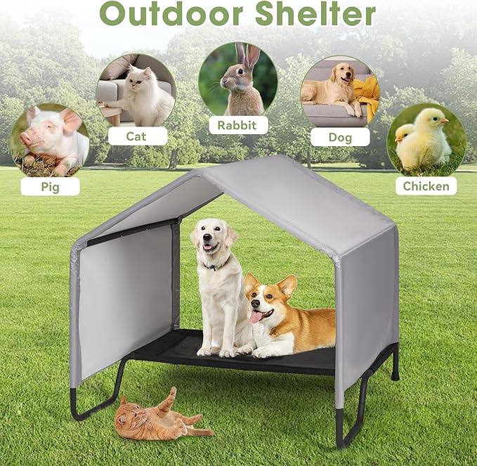Dog Shade Shelter Outdoor Tent for Large Medium Dogs, Outdoor Pet Tent Weatherproof, Outside Sun Rain Canopy Pet Houses with Elevated Dog Bed for Dogs, Small Animals and Livestock,3.4'x3.4'x3.2', Grey