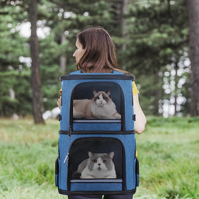 Double Cat Carrier for 2 Cats,Dog Backpack Carrier for Medium Dogs,Double Compartment Pet Carrier Backpack for Dual Pets,for Outdoor Traveling/Stroll and Picnic (Blue)