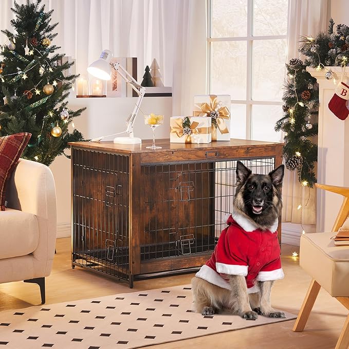 Dog Crate Furniture, 38.6" Large Dog Kennel Indoor, Wooden Dog Crate with Pull-Out Tray, Double Doors Dog House, Modern Side End Table for Small/Medium/Large Dog, Rustic Brown BF982GW03G1