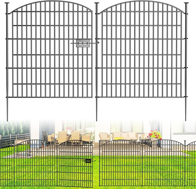 10 Panels Decorative Garden Fence with Gate - 32 in (H) x 23.6 ft (L) No Dig Dog Fence Outdoor for Yard, Rustproof Tall Garden Fencecing Panels, Animal Barrier Suitable for Yard Border, Patio