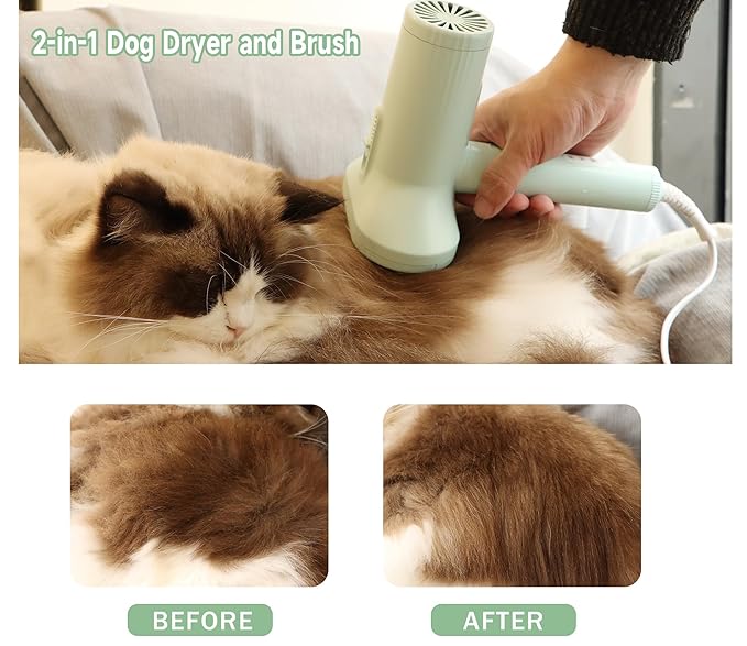 2-in-1 Dog Hair Dryer and Brush - Low Noise Operation, Overheating Protection, 3 Temperature & Airflow Settings, Self-Cleaning Button - Ideal Dog Brush for Short Haired Dogs (Green)