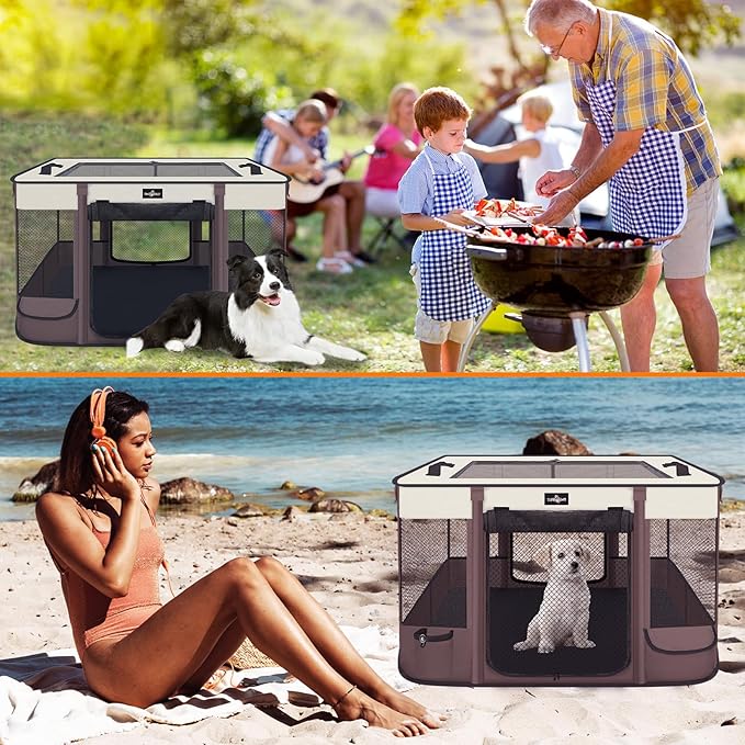 Foldable Pet Kitten Playpen, Upgrade Waterproof Portable Cat Dog Playpen Kennel Tent for Small Dog Cat, Removable Shade Cover, Come with Free Carrying Case, Indoor Outdoor Use for Small Pet, Brown