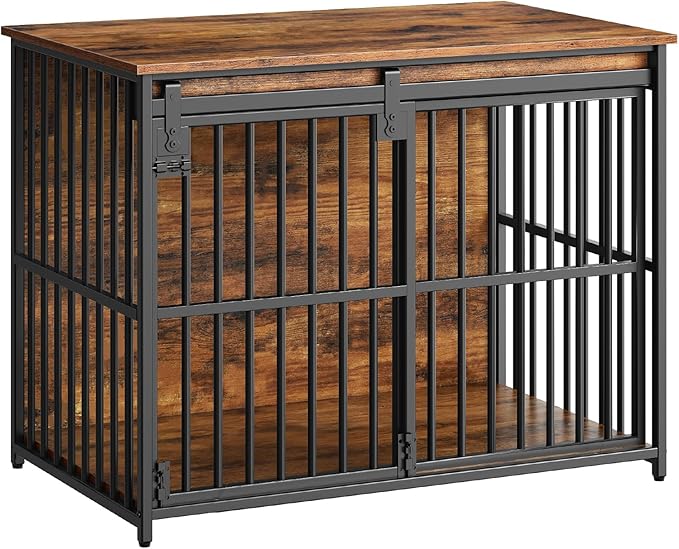 HOOBRO Dog Crate Furniture, 36.6'' Heavy Duty Dog Kennel with Sliding Barn Door, Decorative Dog Crate Indoor, End Side Table for Small/Medium Dog, Rustic Brown and Black BF162GW03G1