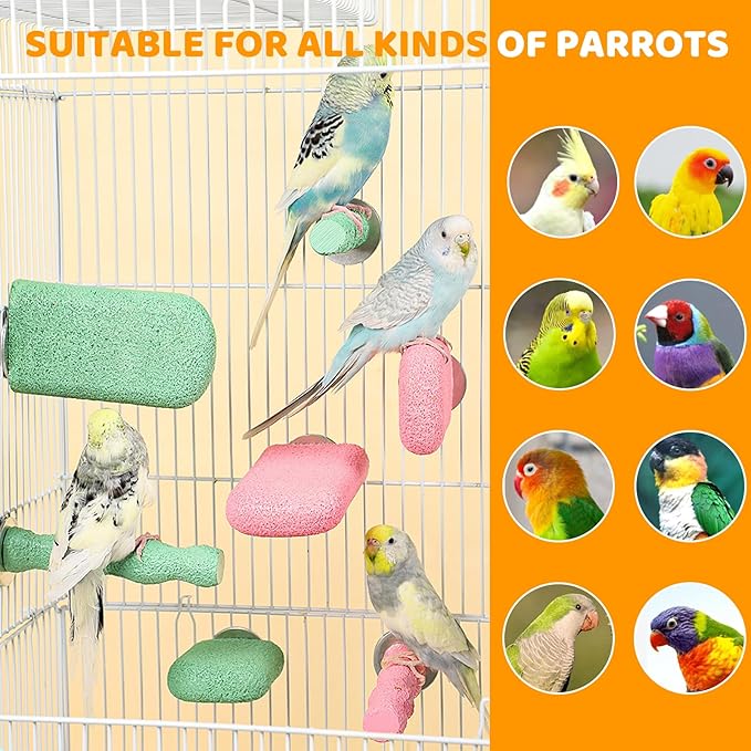 6 Pack Bird Beak Grinding Calcium Stone, Parrot Cage Perch Stand Platform Foot Claws Trimmer, Parrot Teething Stone Toy, Bird Cage Accessories for Parakeet, Rabbit, Bunny, Hamster, Chinchilla (Small)
