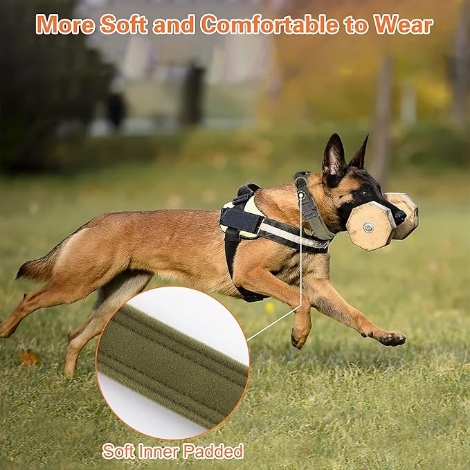 KCUCOP Tactical Dog Collar, Heavy Duty Dog Collar with Handle and Metal Buckle, Military Thick Dog Collars for Medium and Large Dogs(Green-L-Reflective, 1 Patch)