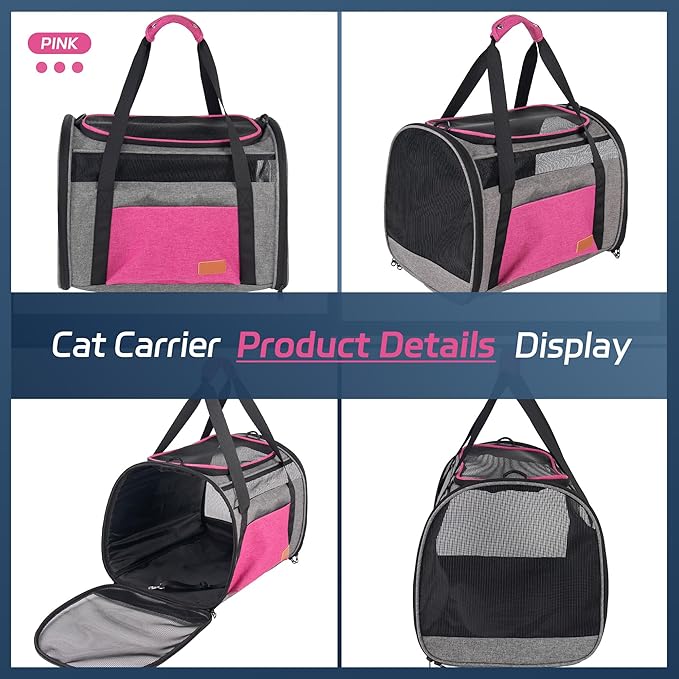 Cat Carrier for Large Cats 20 lbs, Soft Sided Breathable Mesh Cat Travel Carrier, Large Cat Carrier Airline Approved, Washable Pet Carrier for Cats Small Dogs Puppies, Foldable Cat Carrier, Pink