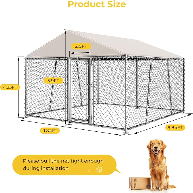 10 x 10FT Large Outdoor Dog Kennel with Roof, Dog Kennel Outside with Waterproof Cover, Galvanized Heavy Duty Chain Link Dog Runs Cage Playpen for Outside with Secure Lock