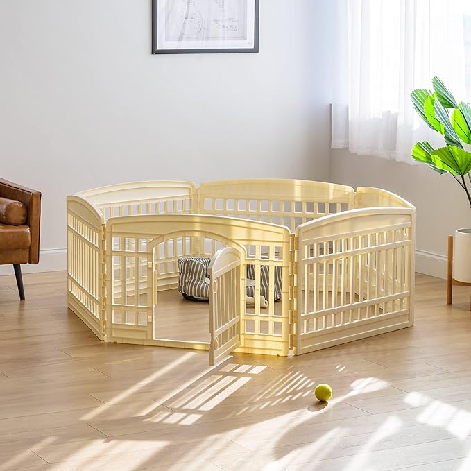 Amazon Basics 6-Panel Indoor Pet Dog Hexagonal Playpen, Puppy Playpen with Door, Easy Assemble Easy Storing, 24 in, Beige