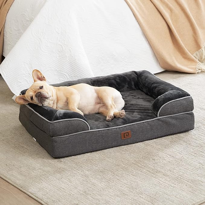 EHEYCIGA Orthopedic Dog Bed for Small Dogs, Waterproof Memory Foam Small Dog Beds with Sides, Non-Slip Bottom and Egg-Crate Foam Medium Dog Couch Bed with Washable Removable Cover, Dark Grey