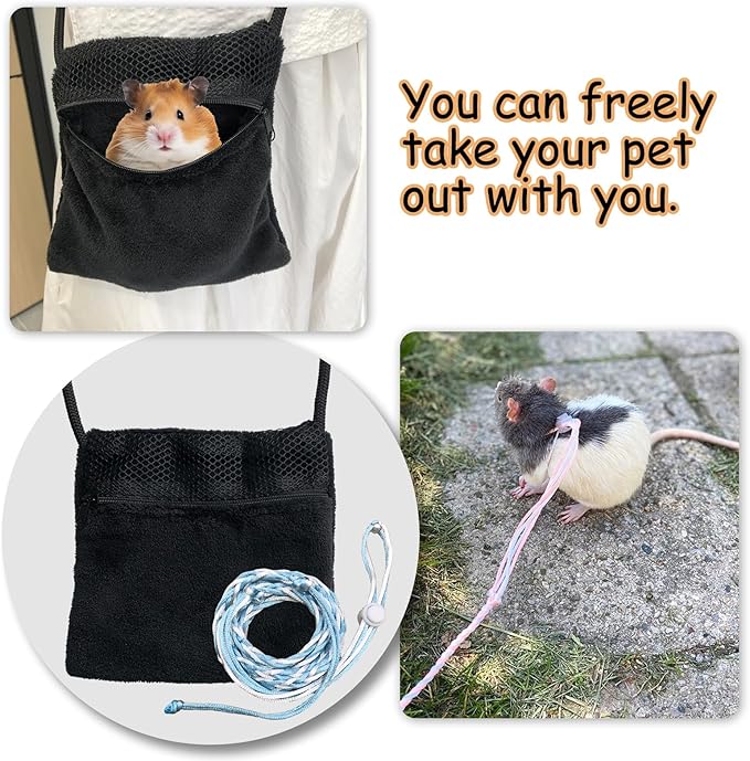 2 Pics Sugar Glider Pouch and 2 Pics Hamster Leash Small Animal Carry Pouch with Adjustable Cozy & Portable Habitat for Small Pets (Hamsters, Rat, Marmosets, Squirrels)