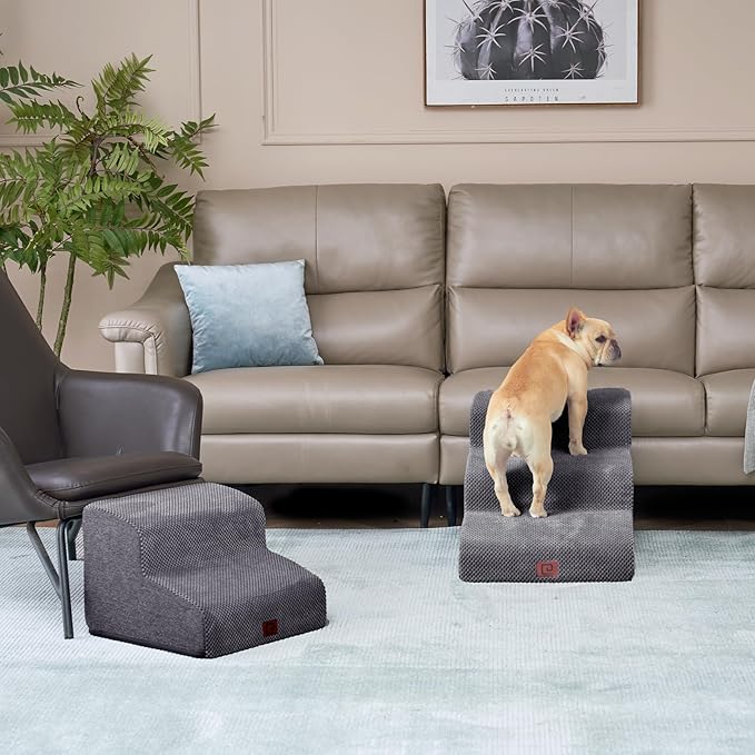 EHEYCIGA Curved Dog Stairs Ramp for Small Dogs 15.7" H, 3-Step Dog Steps for Couch Sofa and Chair, Pet Stairs for Cats, Non-Slip Balanced Pet Steps Indoor, Grey