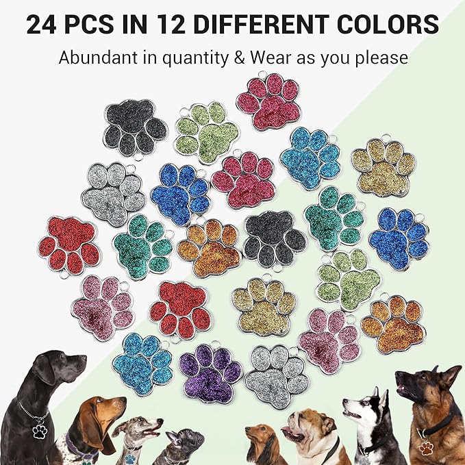 Dog Tags Personalized for Pets Glitter Paw Print Stainless Steel Dog Tag Cute Dog Name Tag Bulk Dog Tags for Wholesale (24 Pieces)