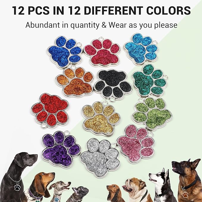 Dog Tags Personalized for Pets Glitter Paw Print Stainless Steel Dog Tag Cute Dog Name Tag Bulk Dog Tags for Wholesale (12 Pieces)