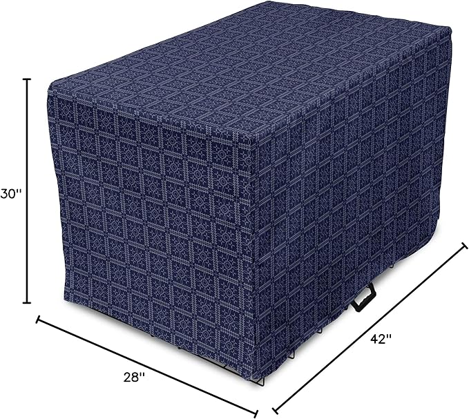 Ambesonne Abstract Geometry Dog Crate Cover, Style Motifs in Squares Rhythmic Arrangement, Easy to Use Pet Kennel Cover for Medium Large Dogs, 42 Inch, Blue White