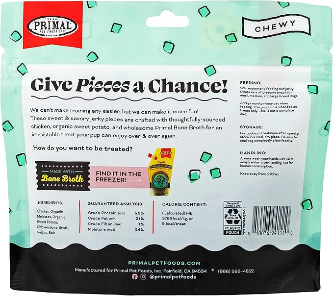 Primal Chicken Jerky Dog Treats Made with Chicken Bone Broth for Dogs, Give Pieces a Chance, Training Treat for Dogs, 4 oz (Pack of 2)