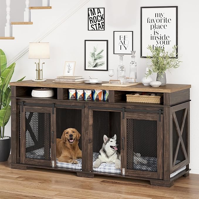 IDEALHOUSE 71" Extra Large Dog Crate Furniture, Wooden Double Dog Crates Kennel Cage,Furniture Style Tv Stand Side End Table for 2 Dogs With Removable Divider for Large Dogs,3 Storage,Dark Walnut/Ligh