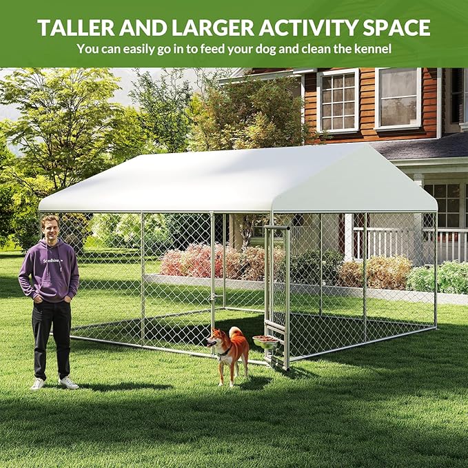 Rovibek 10x10 Ft Outdoor Dog Kennel, Outside Dog Kennel with Roof, Dog Kennels Outdoor with 2 Steel Dog Bowls, Outside Kennel for Large Dogs