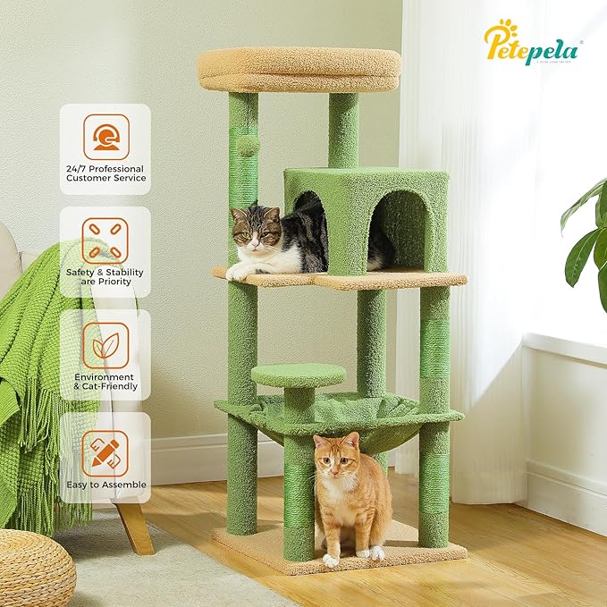 PETEPELA 45.7" Cat Tree for Indoor Cats, Cactus Cat Tower for Large Cats with Metal Frame Large Hammock (17.3"x15.3"), Cat Condo with (18.5"x13") Big Top Perch & 4 Sisal Covered Scratching Posts,Green