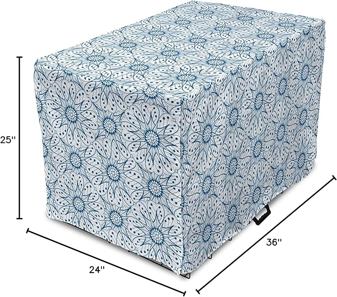 Ambesonne Blue and White Dog Crate Cover, Dutch Tile Design with Large Flowers and Detailed Petals Antique Ethnic, Easy to Use Pet Kennel Cover for Medium Large Dogs, 36 Inch, White Blue
