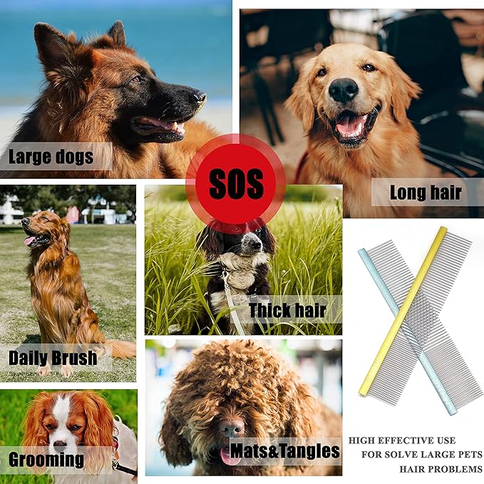 10inches Large Metal Dog Grooming Comb for Shedding Matted Hair for Large Dogs Metal Dog Comb with Long Wide Tooth for Poodles and Goldendoodles Reduce Tangles,Mats and Knots.(Gold)