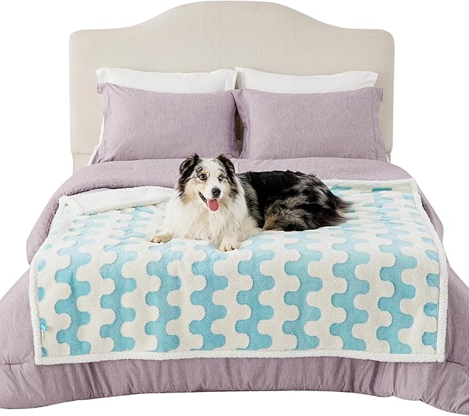 Lesure Waterproof Dog Blanket for Large Dogs - Washable Double Sided Dog Blankets with Warm Jacquard Shag and Soft Sherpa Fleece, Pet Cat Blanket for Bed Couch Protection, 3D Textured Wave, Blue