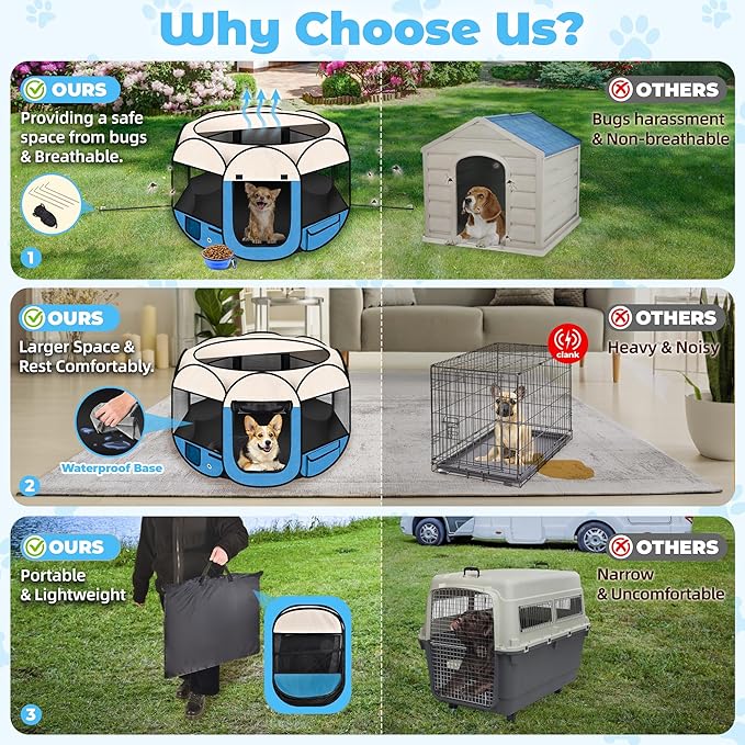 36" Foldable Pet Playpen for Medium/Small Dogs, HOMAGICO Pet Playpen for Indoor Cats Enclosed,Portable Dog Playpen Outdoor Tent Crate with Carrying Case,Water-Resistant and Removable Shade Cover, Blue