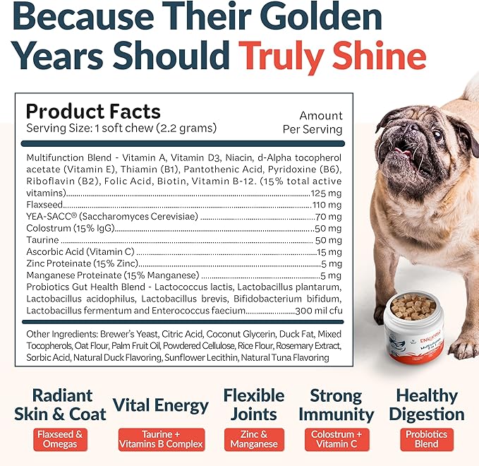 9-in-1 Senior Dog Multivitamin for Joints, Digestion & Immunity with Probiotics, Colostrum, Omegas, Taurine, Minerals –120 Tasty Duck Chews - Allergen Free - Made in USA