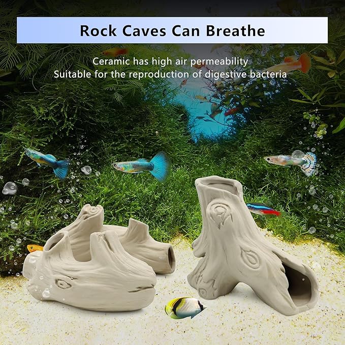 Aquarium Decorations Ceramic Artificial Stump Cave,Betta Fish Tank Accessories Hollow Tree Stump Decor 3-Piece Set