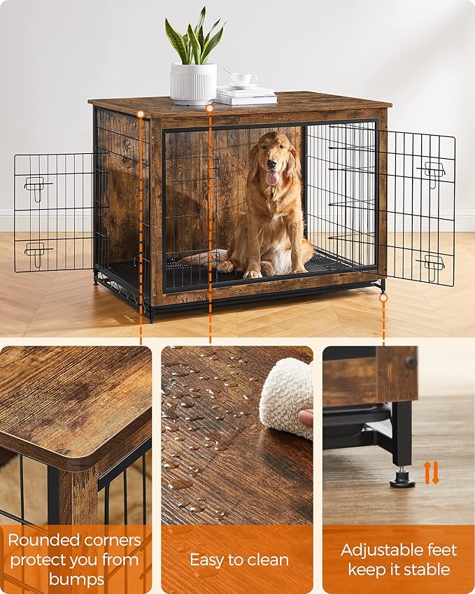 Feandrea Dog Crate Furniture, 44.1" Side End Table, Modern Kennel for Dogs Indoor up to 80 lb, Heavy-Duty Dog Cage with Multi-Purpose Removable Tray, Double-Door Dog House, Rustic Brown UPFC004X01