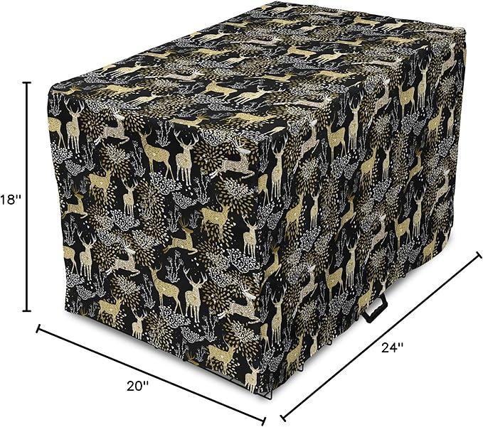 Ambesonne Christmas Dog Crate Cover, Nature Woodland and Deer Silhouettes with Oriental Ornaments Design, Easy to Use Pet Kennel Cover for Cats & Medium Dogs, 24 Inch, Yellow White Black