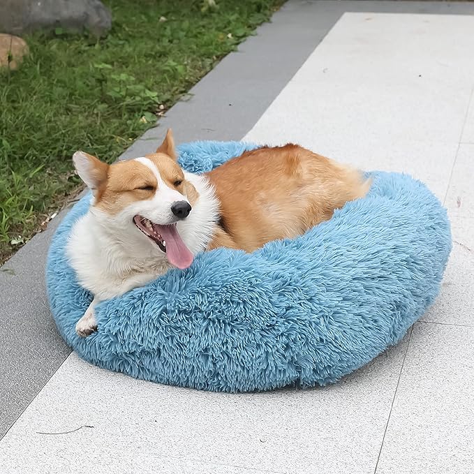 Dog Beds for Medium Dogs Washable Calming Bed for Dogs Blue Fluffy and Soft Dog Bed Anti Anxiety Faux Fur Round Medium Sized Pet Bed for Dogs