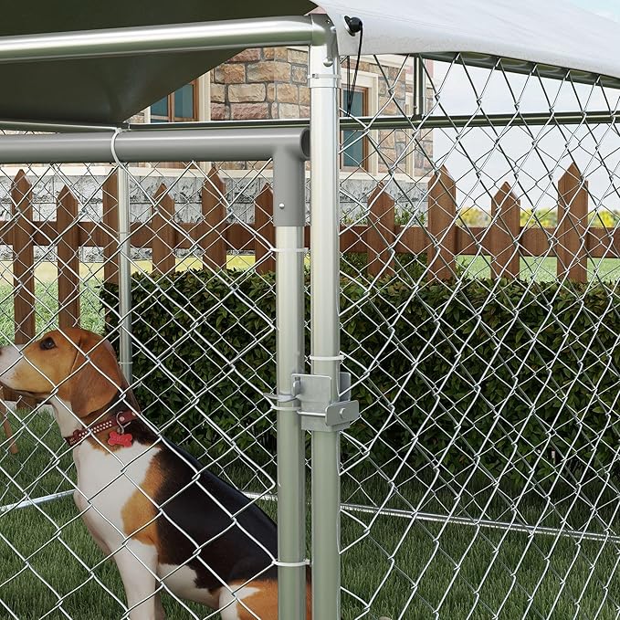 PawHut Large Dog Kennel Outside, Heavy Duty Dog Cage with Waterproof Cover, Outdoor Fence Dog Run with Galvanized Chain Link, Secure Lock, 6.6' x 6.6' x 4.9'