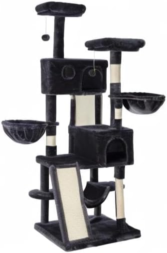 SHA CERLIN 65in Larger Cat Tree Tower Condo for Indoor Kitties/Multi-Level Furniture Activity Center with Wide Base/Cozy Plush Cat Perches/Baskets/Sisal Scratching Posts and Hammock/Dark Grey
