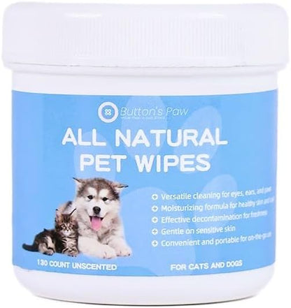 All Natural Unscented Hypoallergenic Wipes for Dogs and Cats|130 ct | Gently Removes Tear Stains and Mucus | Eco-Friendly Grooming Wipes for Paws and Ears for Dogs and Cats | Buttons Paw USA
