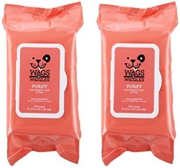 Wags & Wiggles Purify Hypoallergenic Wipes for Dogs | Gently Clean & Condition Your Dog's Coat Without A Bath | Zesty Grapefruit Scent Your Dog Will Love, 100 Count (Pack of 2)