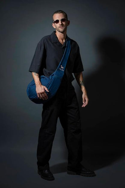 Noah & Paw Dog Sling Carrier for Small Dogs 5-18lb, Dog Sling for Small Dogs and Cats, Dog Carrier with Adjustable Padded Strap, Premium Denim, Lined with Fur, Double Safety Feature, Machine Washable