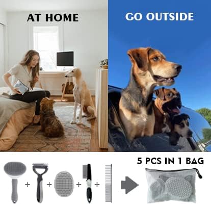 5PCS Grooming Kit for Dog,Puppy- Deshedding & Slicker Brush for Short-Haired Pets, Flea Comb and Grooming Comb Set Grey