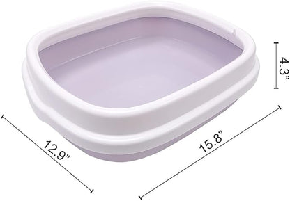 Cat Open Top Litter Box with Lid, Litter Mat, Poop Lifter Scoop & Kitten Kitty Stainless Steel Feeding Dish Bowl, Starter Kit 4 Pack for Small cat Within 5 Months (Grey-Four Entries)