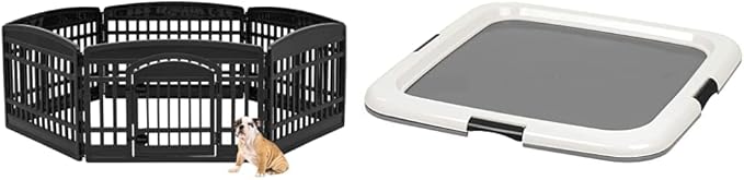 IRIS USA 24-inch 6 Panel Exercise Pet Playpen with Door, Black + IRIS USA Pee Pads Square Pet Training Pad Holder for Dogs, Dark Gray