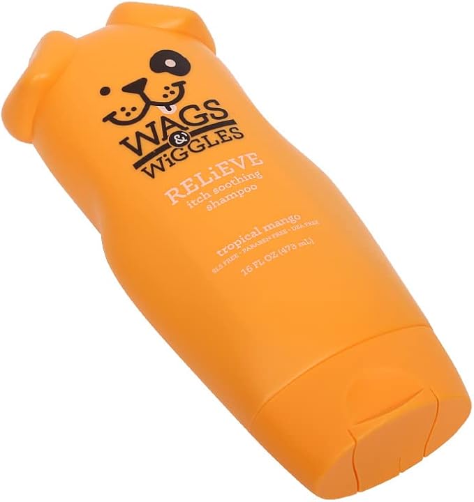Wags & Wiggles Relieve Anti-Itch Dog Shampoo | Shampoo for All Dogs with Dry, Itchy, or Sensitive Skin | Fresh and Fruity Mango Scent Your Dog Will Love, 16 Ounces