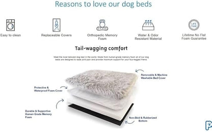 PupRug Orthopedic Dog Bed for Large Dogs with Fluffy Soft Faux Fur and Memory Foam for Joint Pain Relief, Machine Washable and Waterproof Couch Bed, Polar White, Medium