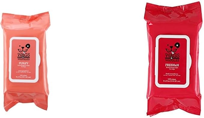 Wags & Wiggles Wipes Bundle: Purify Hypoallergenic & Freshen Deodorizing Wipes for Dogs, 100 Count Each - Zesty Grapefruit & Fresh Strawberries Scents, Clean & Eliminate Odors Without A Bath