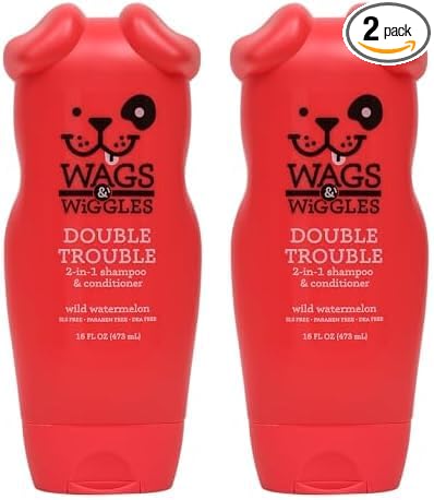 Wags & Wiggles Double Trouble 2-in-1 Dog Shampoo & Conditioner | Cleansing and Nourishing Shampoo and Conditioner for Dogs | Fruity Watermelon Scent, 16 Ounces (Pack of 2)