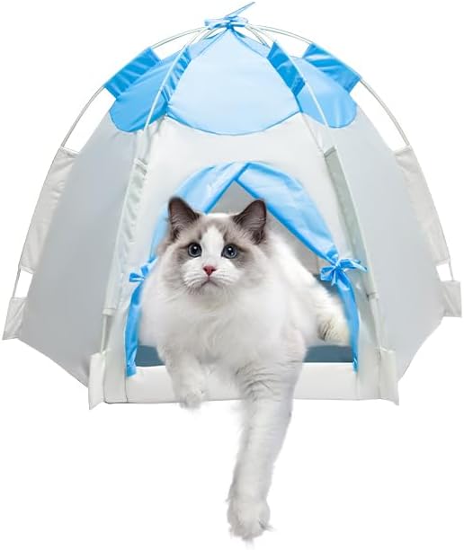 Outdoor Pet Curtain Camping Tent, Pop up Cave Bed for Indoor Cats and Small Dogs, Portable Cat House Dog House, Blue.