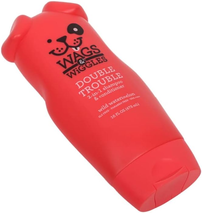 Wags & Wiggles Double Trouble 2-in-1 Dog Shampoo & Conditioner | Cleansing and Nourishing Shampoo and Conditioner for Dogs | Fruity Watermelon Scent, 16 Ounces (Pack of 2)