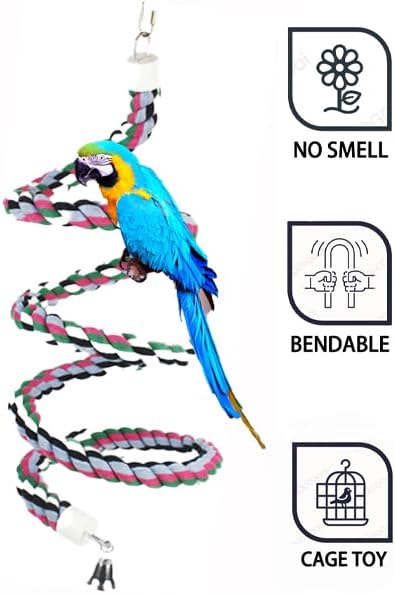 65inch Cotton Bendable Rope(Plus 1 Set 3 Steel Bells) Perch Swing Bird Chew Toys Amazon Parrots Cage Toys with Bell Swing Climbing Standing Bungee Bird Toys for Large to Regular Size Birds