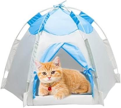Outdoor Pet Curtain Camping Tent, Pop up Cave Bed for Indoor Cats and Small Dogs, Portable Cat House Dog House, Blue.
